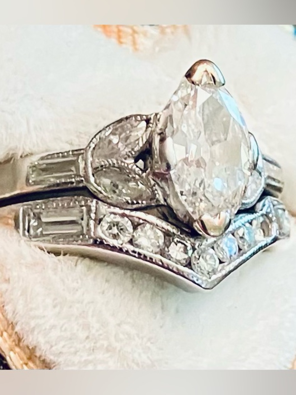 Antique Platinum European Cut Diamond Engagement Ring & Custom Diamond Band - Picture 6 of 6